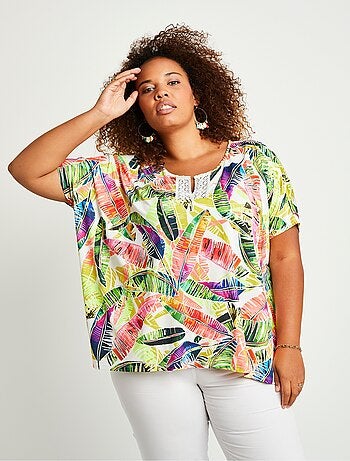 T-shirt long ample motif fluo dentelle