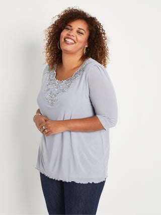 T-shirt long ample résille brodée