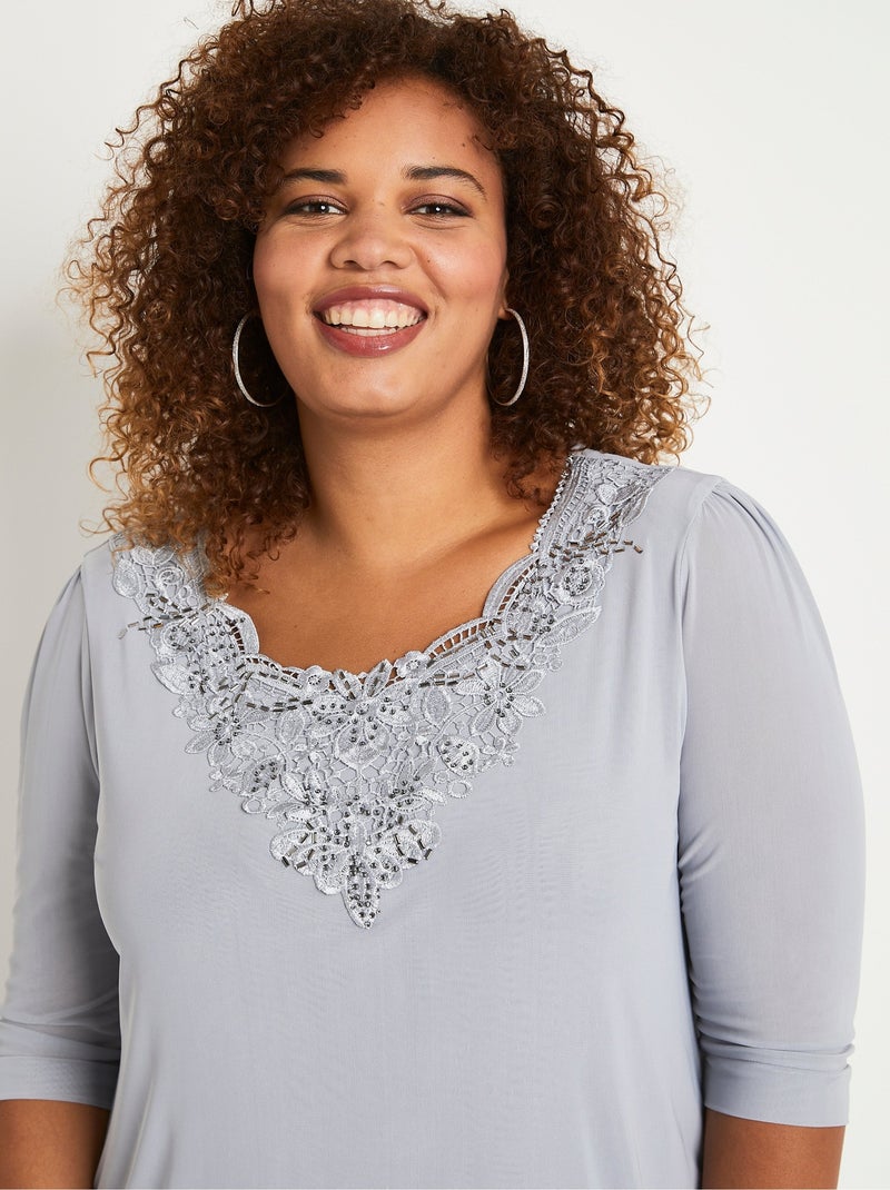 T-shirt long ample résille brodée Argent - Kiabi