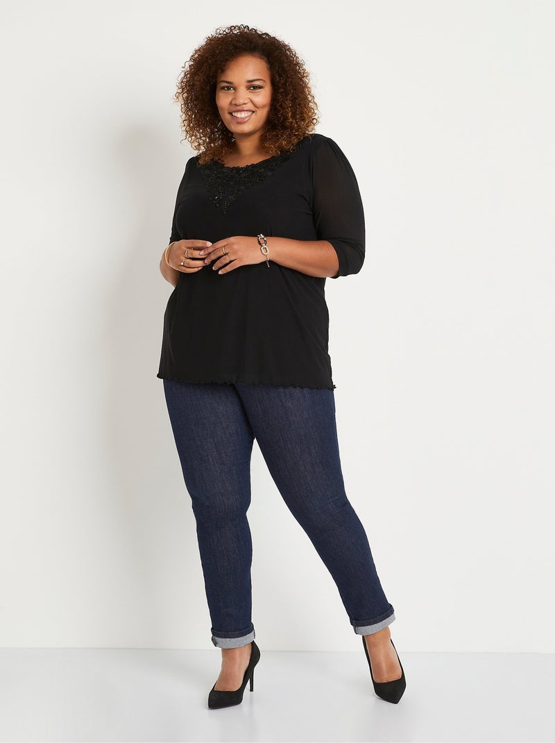 T-shirt long ample résille brodée Noir - Kiabi