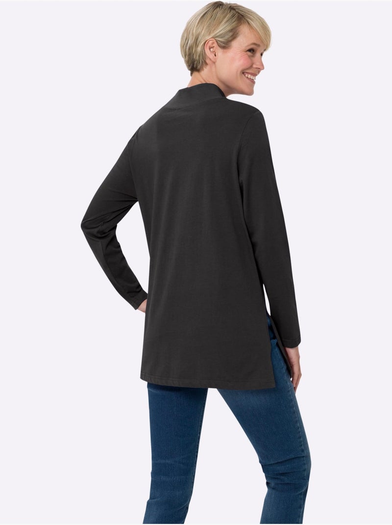 T-shirt long avec col montant et manches longues à fentes latérales - taille standard - moda vilona Noir - Kiabi
