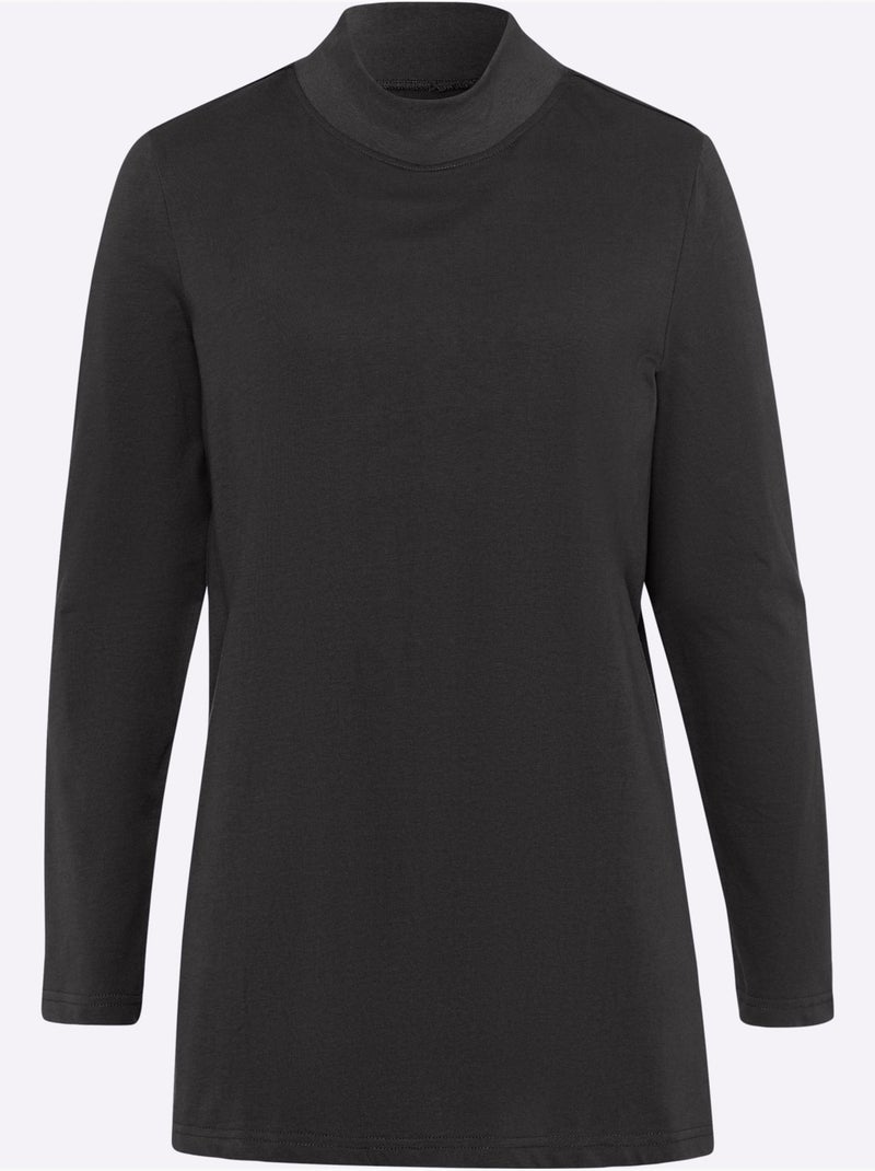 T-shirt long avec col montant et manches longues à fentes latérales - taille standard - moda vilona Noir - Kiabi