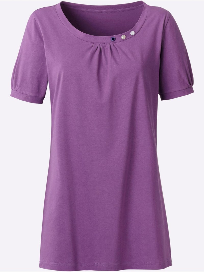 T-shirt long avec col rond et manches courtes à boutons décoratifs - Taille standard - Moda Vilona Mauve lilas - Kiabi