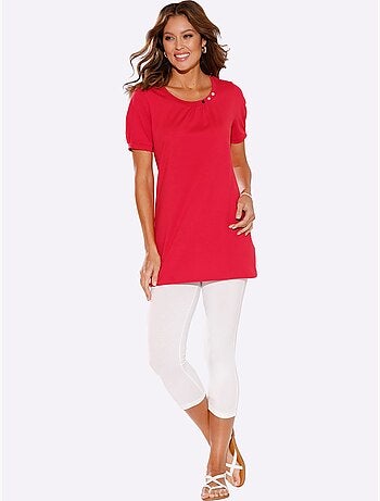T-shirt long avec col rond et manches courtes à boutons décoratifs - Taille standard - Moda Vilona