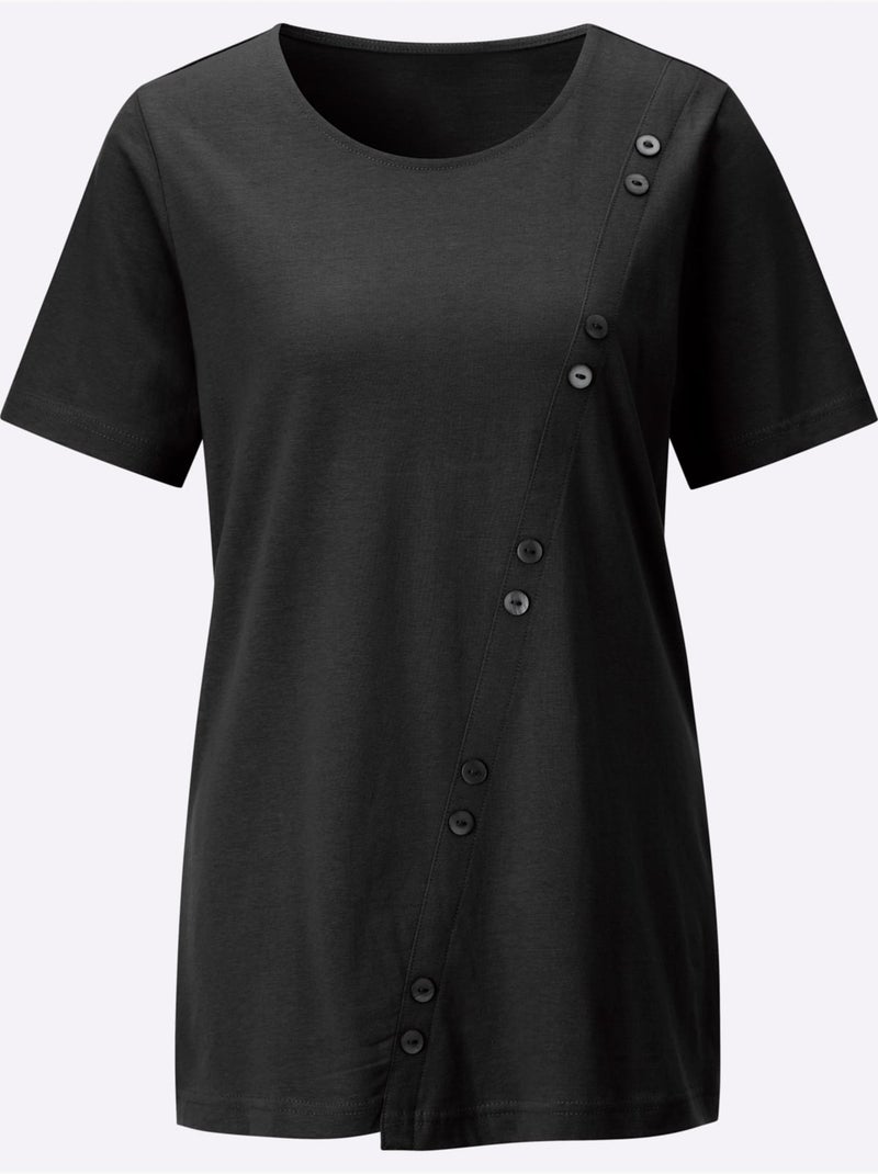 T-shirt long avec col rond et manches courtes à boutons décoratifs - Taille standard - Witt Noir - Kiabi