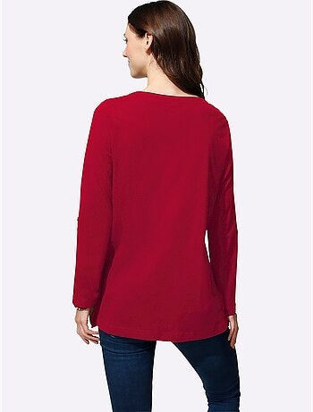 T-shirt long avec col V et manches 3/4 retroussables - Taille standard - Moda Vilona