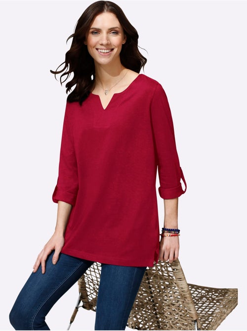 T-shirt long avec col v et manches 3/4 retroussables - taille standard - moda vilona - Kiabi T-shirt long avec col v et manches 3/4 retroussables - taille standard - moda vilona - Kiabi