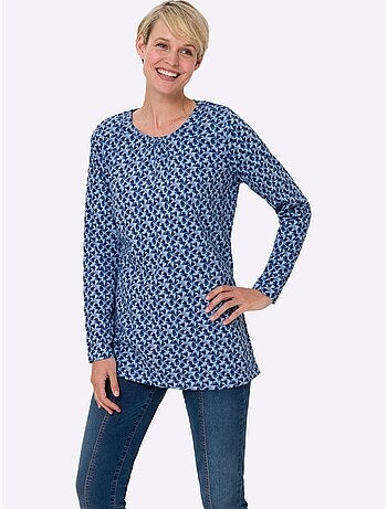 T-shirt long à encolure ronde froncée avec imprimé floral - taille standard - moda vilona