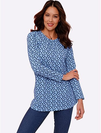 T-shirt long à encolure ronde froncée avec imprimé floral - taille standard - moda vilona