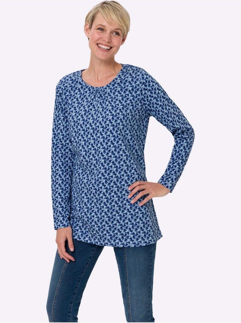 T-shirt long avec encolure ronde à manches longues et motifs floraux - taille standard - moda vilona Bleu Bleu - Kiabi