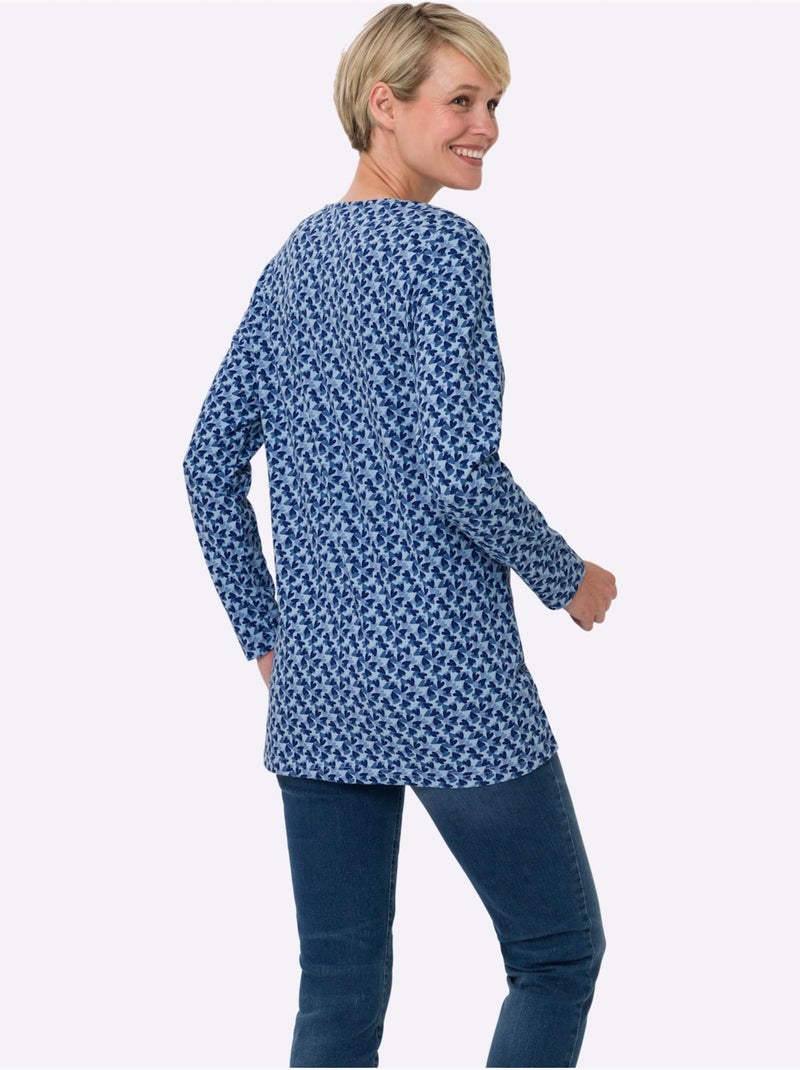 T-shirt long avec encolure ronde à manches longues et motifs floraux - taille standard - moda vilona Bleu Bleu - Kiabi