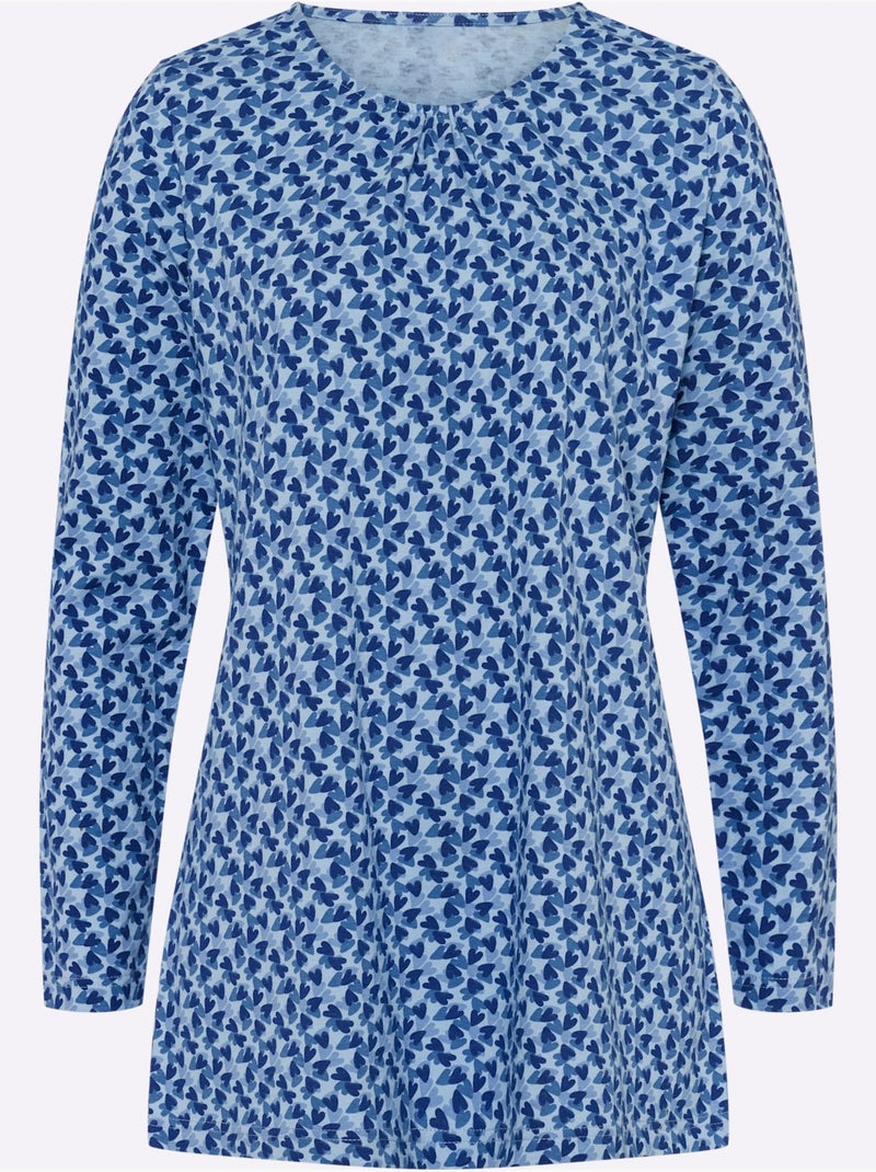 T-shirt long avec encolure ronde à manches longues et motifs floraux - taille standard - moda vilona Bleu Bleu - Kiabi