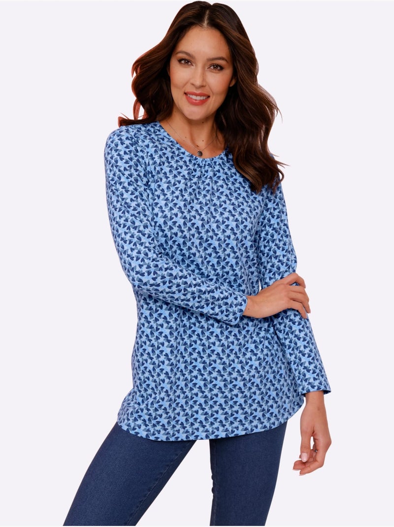 T-shirt long avec encolure ronde à manches longues et motifs floraux - taille standard - moda vilona Bleu Bleu - Kiabi