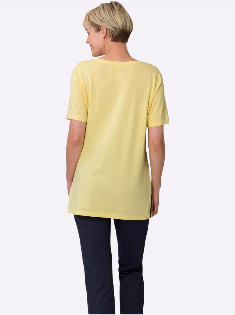 T-shirt long avec encolure ronde et fentes latérales - Taille standard - Moda Vilona Jaune citron - Kiabi