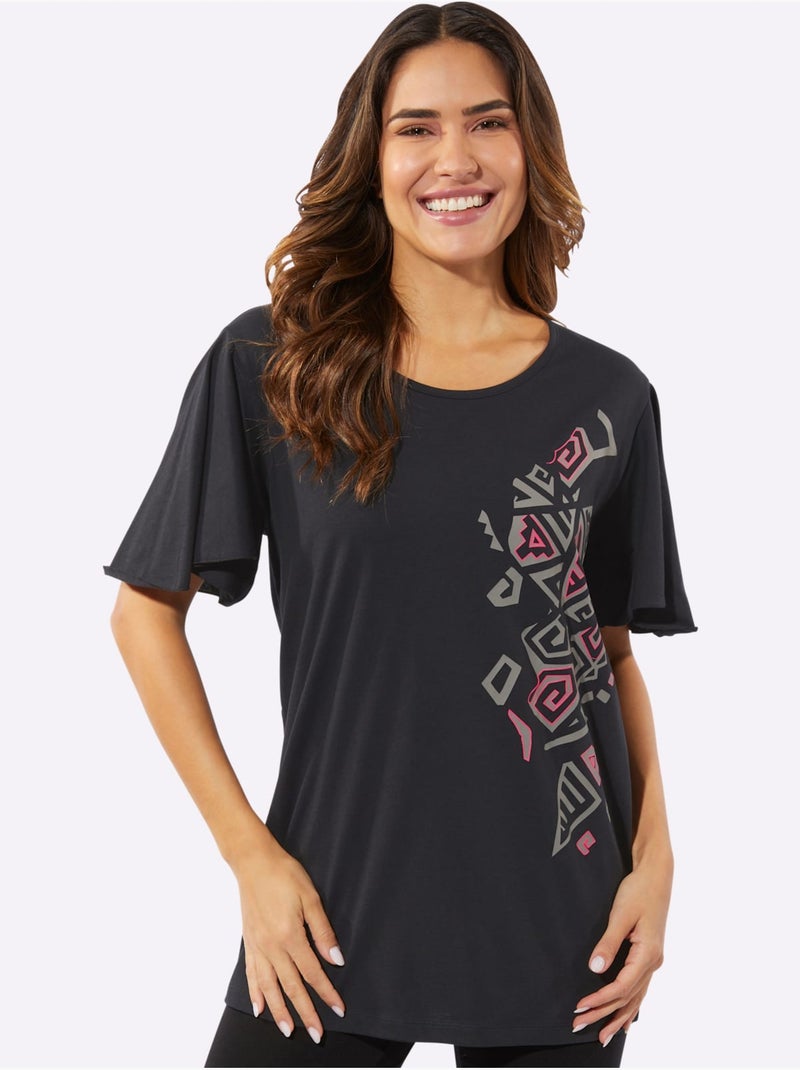 T-shirt long avec encolure ronde et imprimé ethnique - Taille standard - Moda Vilona Noir - Kiabi