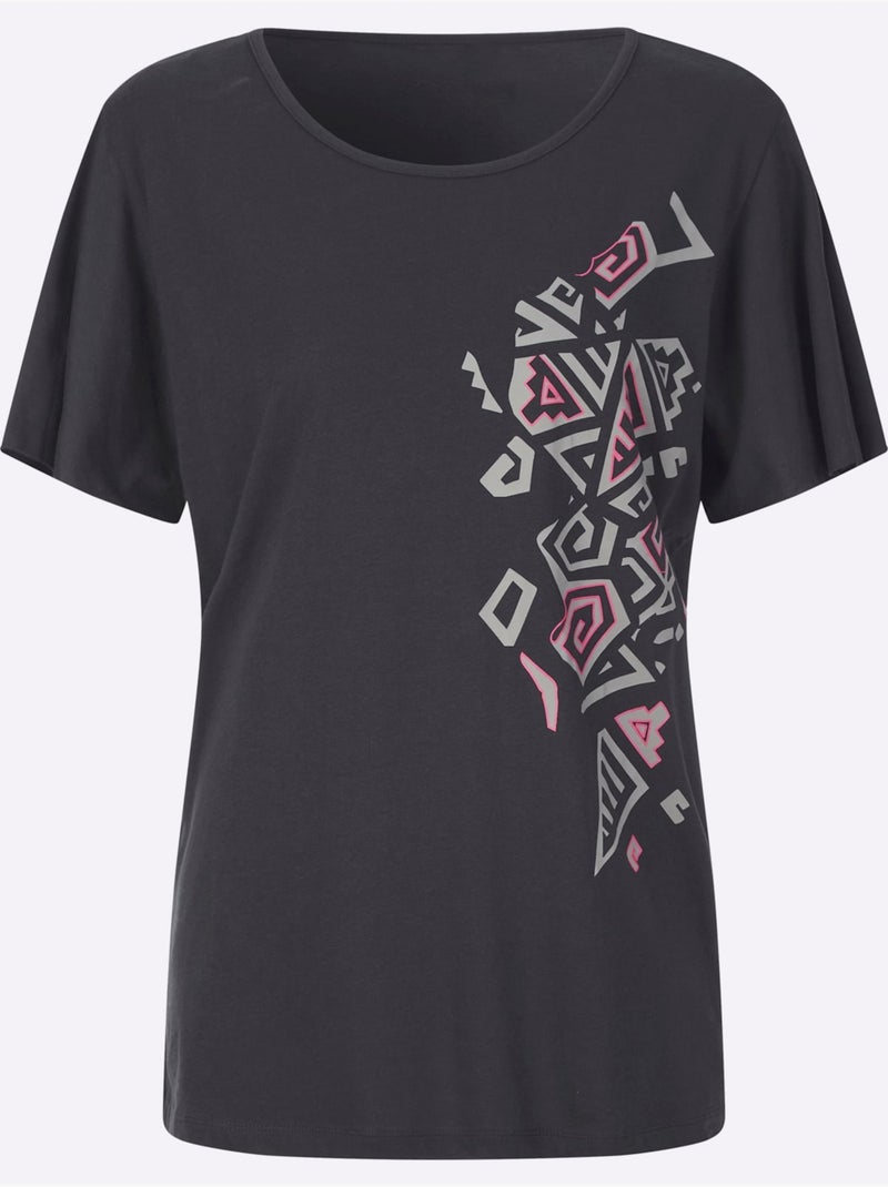 T-shirt long avec encolure ronde et imprimé ethnique - Taille standard - Moda Vilona Noir - Kiabi
