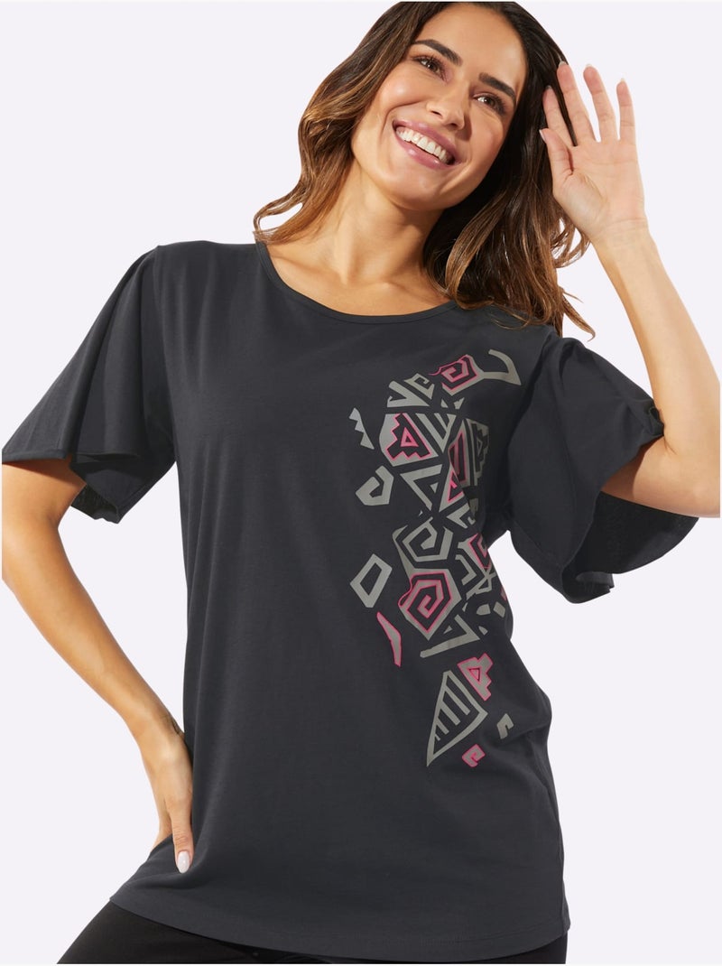 T-shirt long avec encolure ronde et imprimé ethnique - Taille standard - Moda Vilona Noir - Kiabi