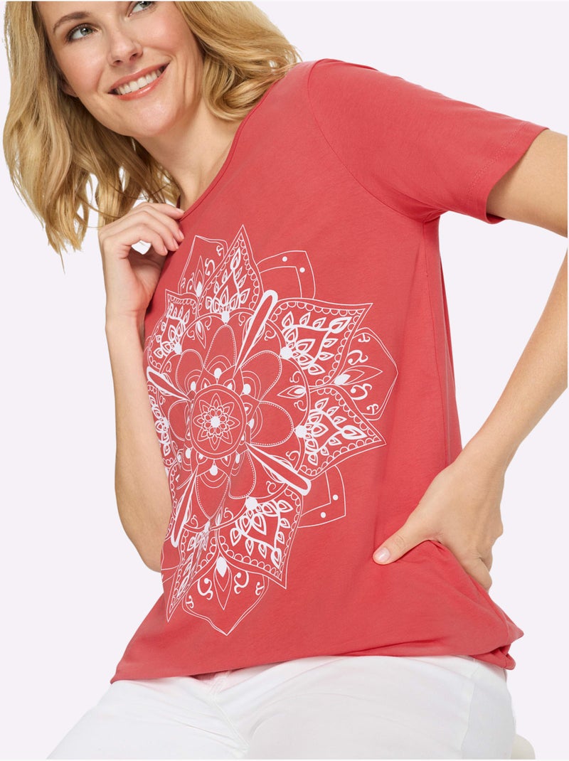 T-shirt long avec encolure ronde et imprimé mandala - Taille standard - Moda Vilona Blanc Rose - Kiabi