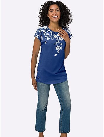 T-shirt long avec encolure ronde et mancherons à motifs floraux - Taille standard - Moda Vilona