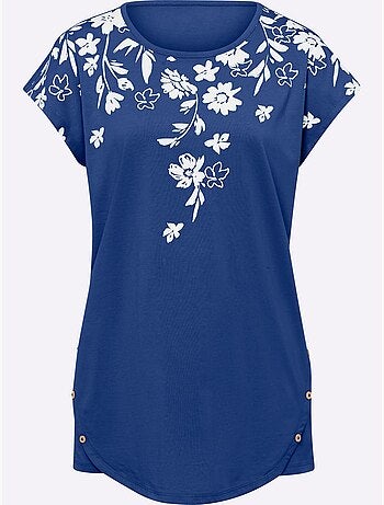 T-shirt long avec encolure ronde et mancherons à motifs floraux - Taille standard - Moda Vilona