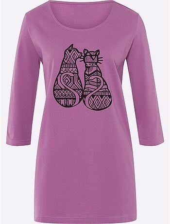 T-shirt long avec imprimé chats et encolure ronde - Taille standard - Moda Vilona