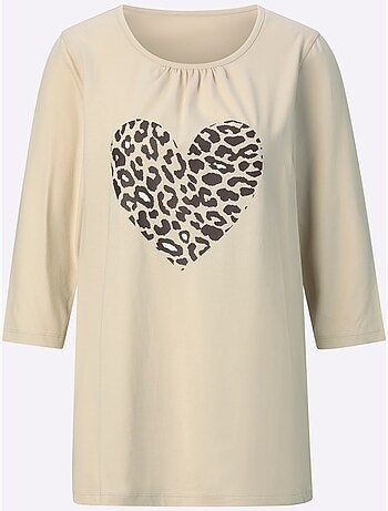 T-shirt long avec imprimé cœur animal et encolure ronde - taille standard - moda vilona