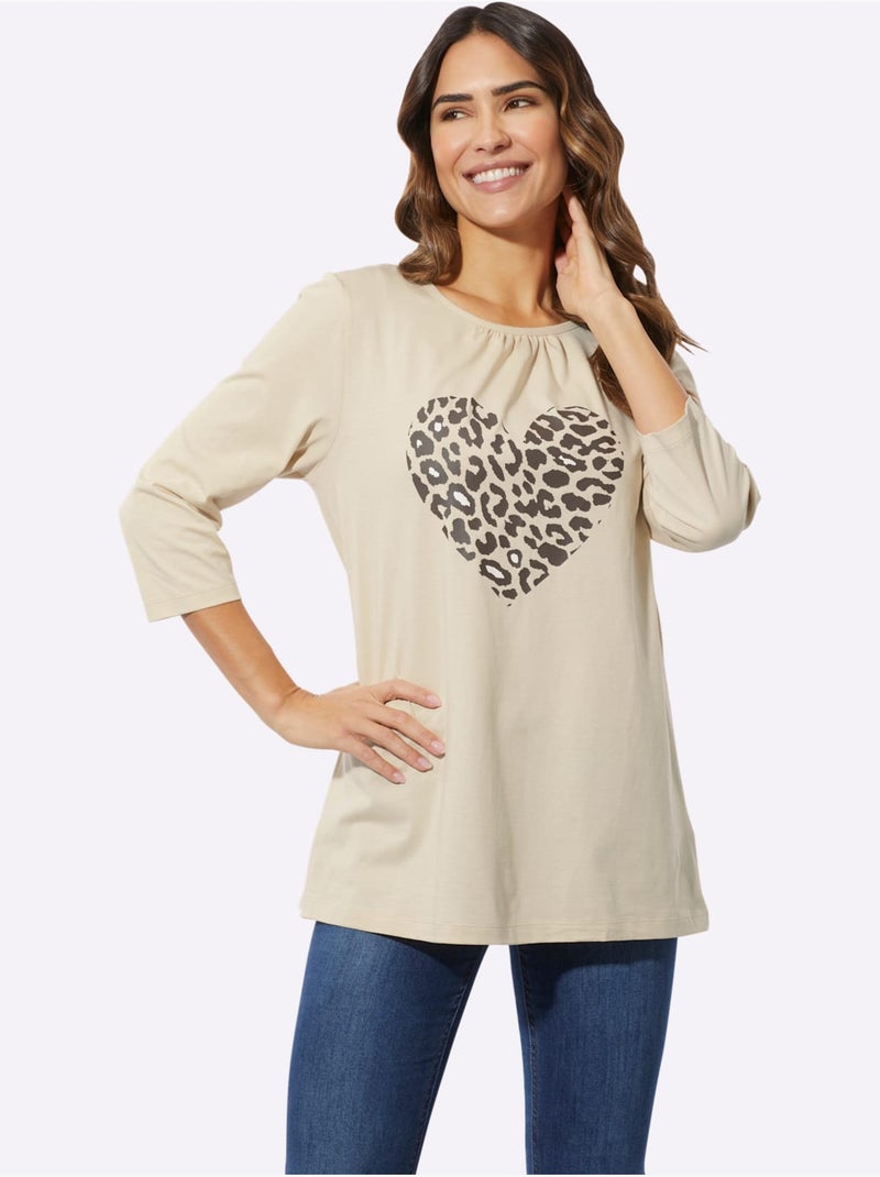 T-shirt long avec imprimé cœur animal et encolure ronde - taille standard - moda vilona Sable - Kiabi