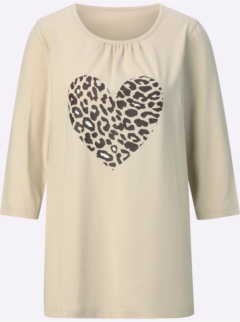 T-shirt long avec imprimé cœur animal et encolure ronde - taille standard - moda vilona Sable - Kiabi