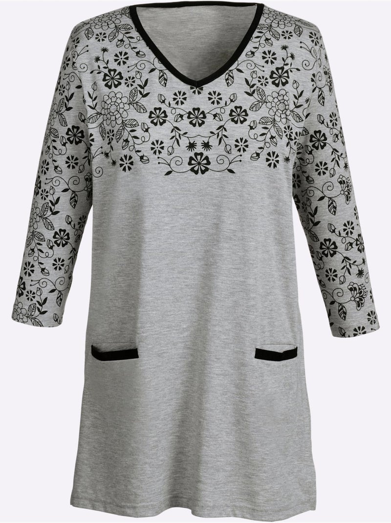 T-shirt long avec poches et motifs floraux sur les manches - taille standard - moda vilona Gris chiné - Kiabi