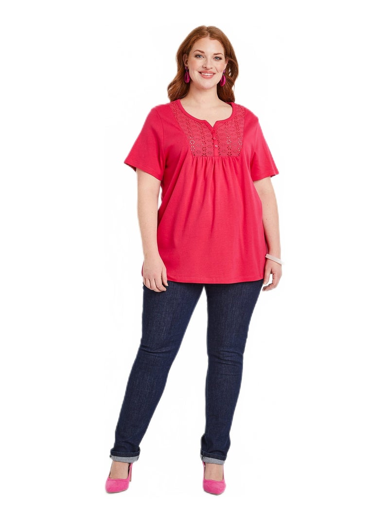 T-shirt long boutonné broderie anglaise Rose - Kiabi