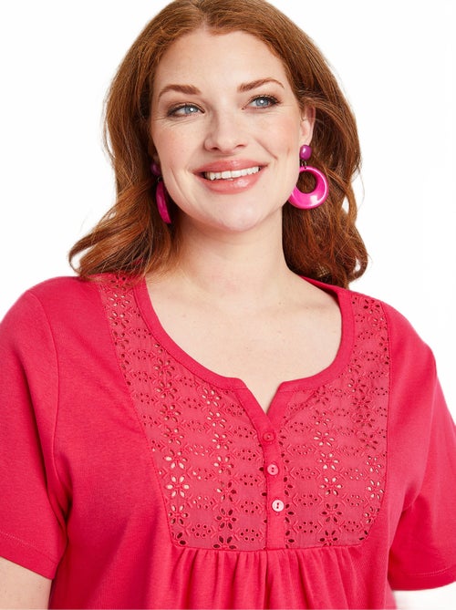 T-shirt long boutonné broderie anglaise - Kiabi