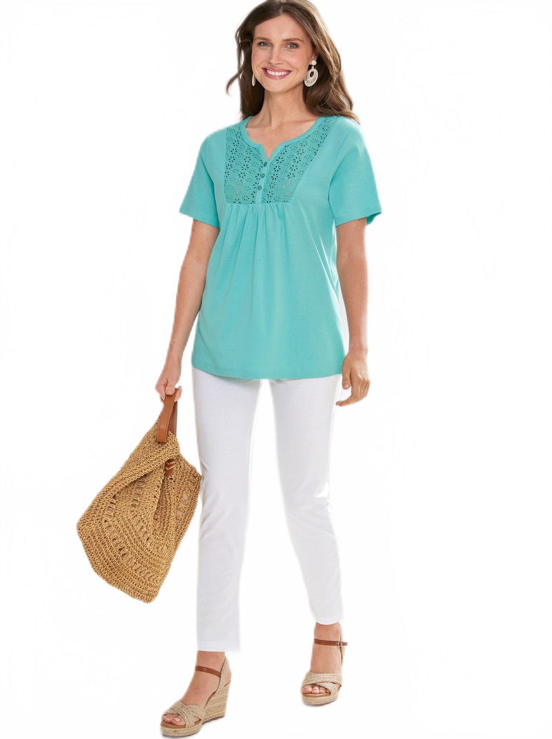 T-shirt long boutonné broderie anglaise Vert - Kiabi