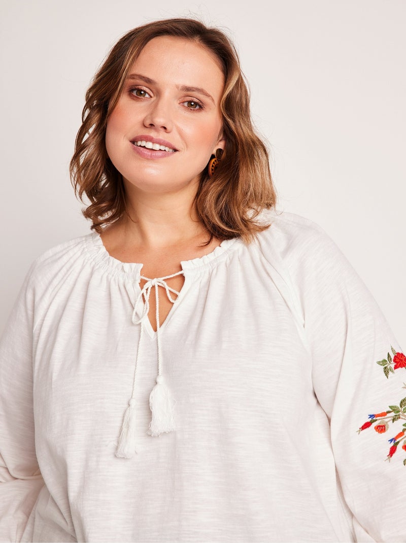 T-shirt long brodé manches 3/4 Blanc - Kiabi