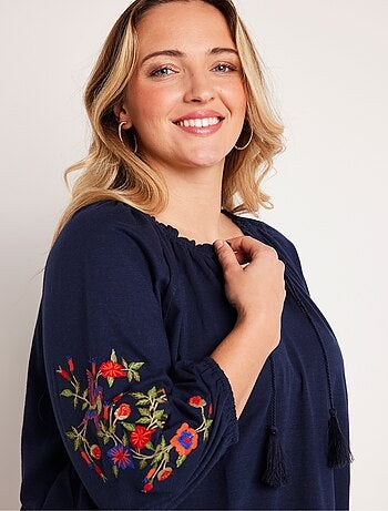 T-shirt long brodé manches 3/4