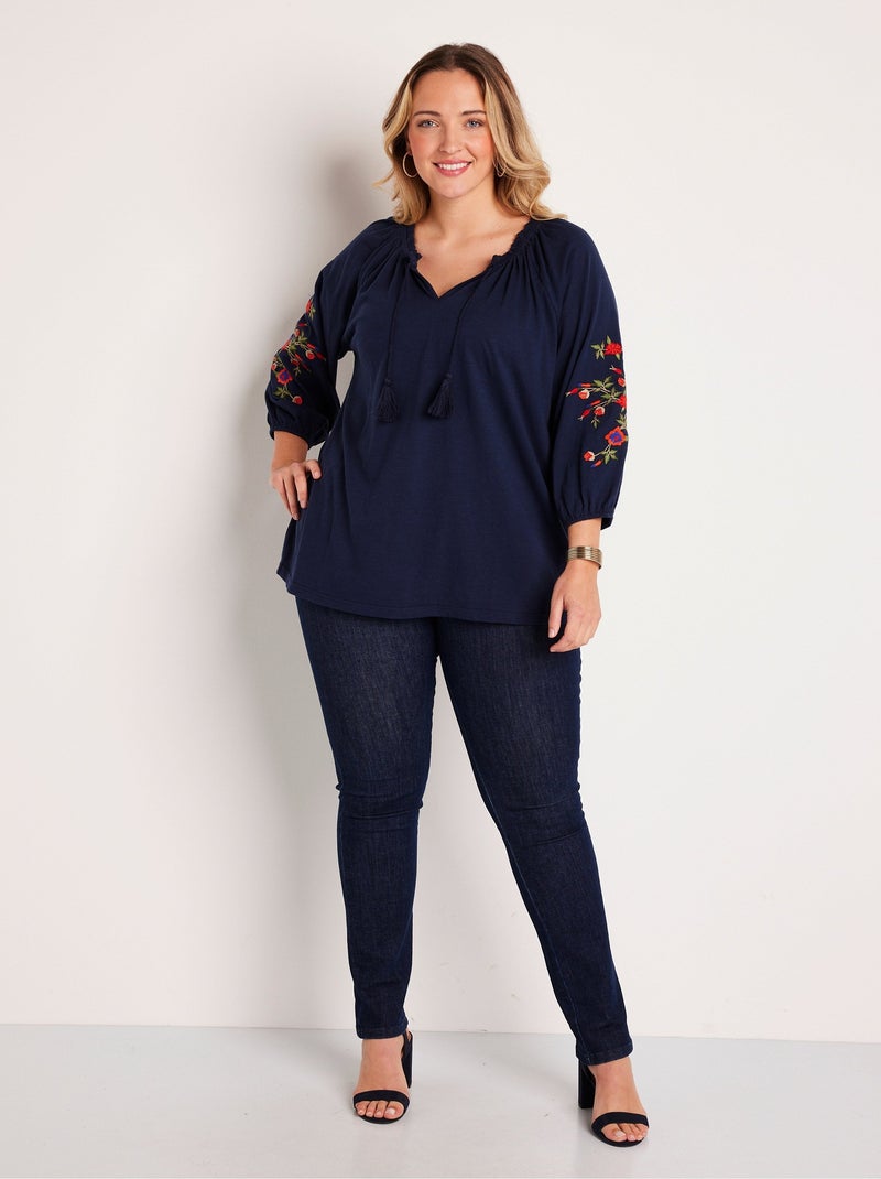 T-shirt long brodé manches 3/4 Bleu - Kiabi