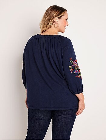 T-shirt long brodé manches 3/4