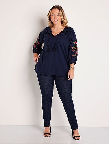 T-shirt long brodé manches 3/4