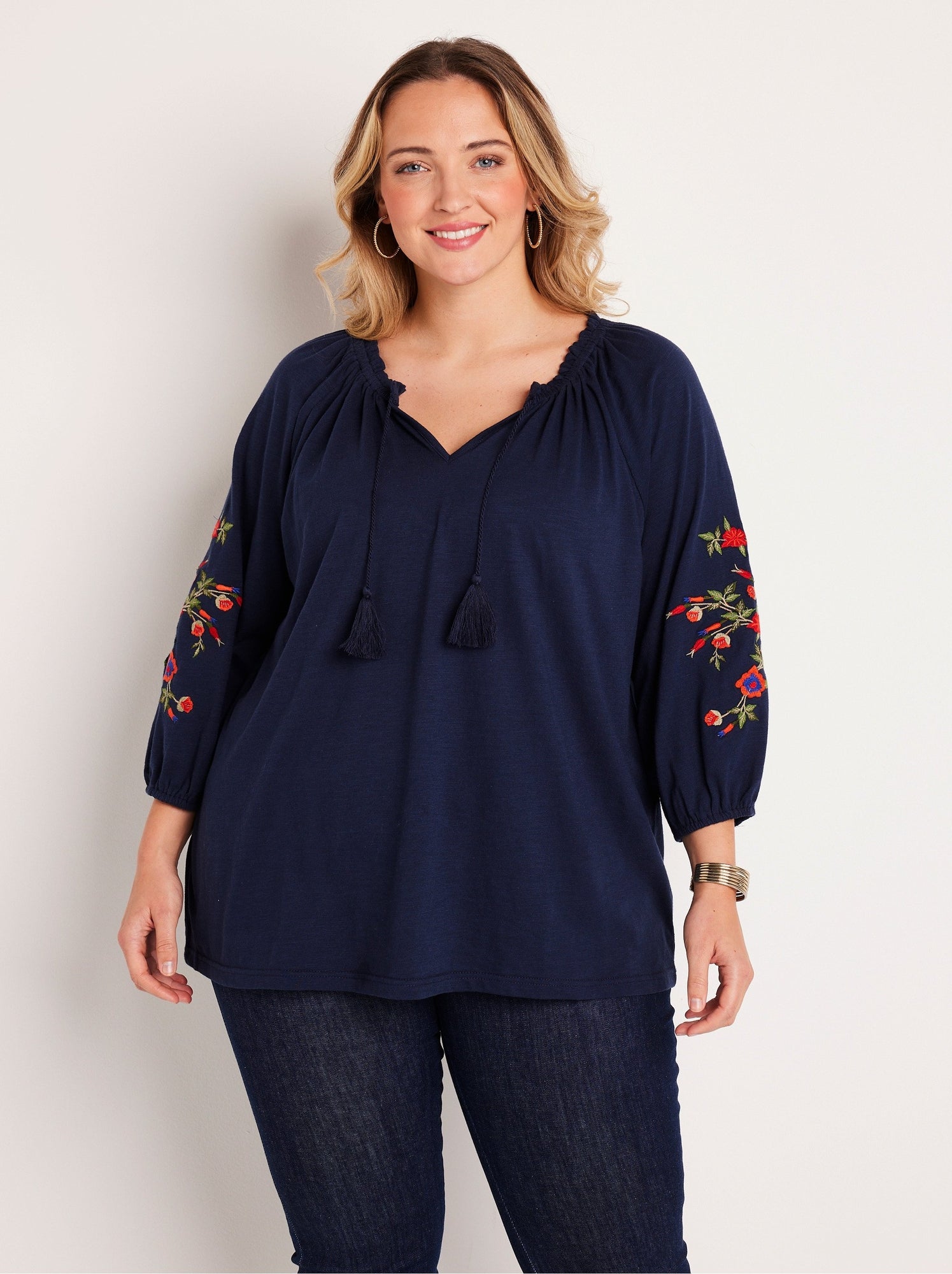 T-shirt Wyse Femme – Bleu Marine Brodé étoiles Dorées – Manches Bouffantes – Taille 12