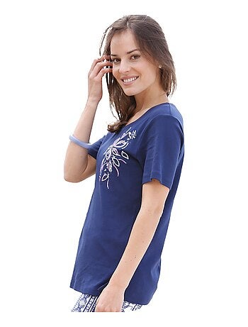 T-shirt long broderie placée fleurs