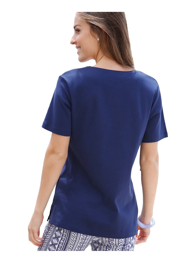 T-shirt long broderie placée fleurs Bleu - Kiabi