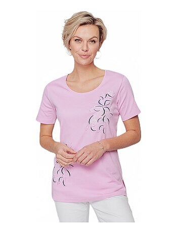 T-shirt long broderie placée fleurs