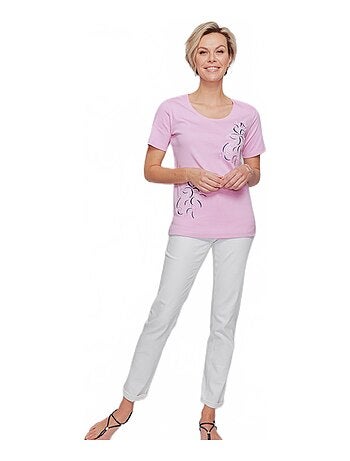 T-shirt long broderie placée fleurs