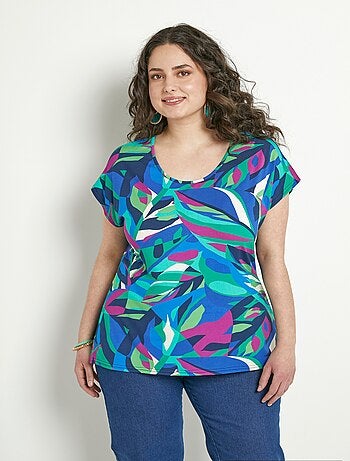 T-shirt long col rond uni ou imprimé manches courtes
