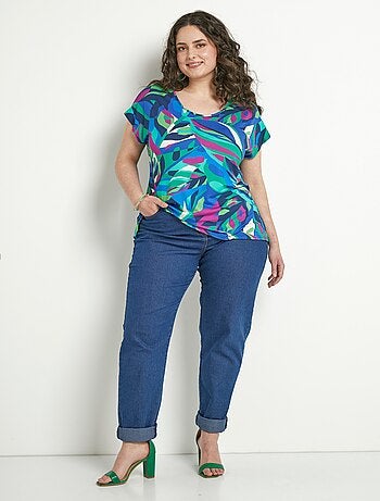 T-shirt long col rond uni ou imprimé manches courtes