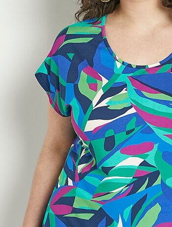 T-shirt long col rond uni ou imprimé manches courtes