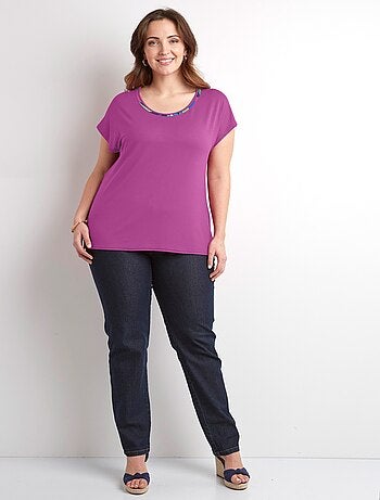 T-shirt long col rond uni ou imprimé manches courtes