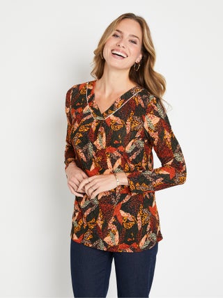 T-shirt long col V évasé manches longues