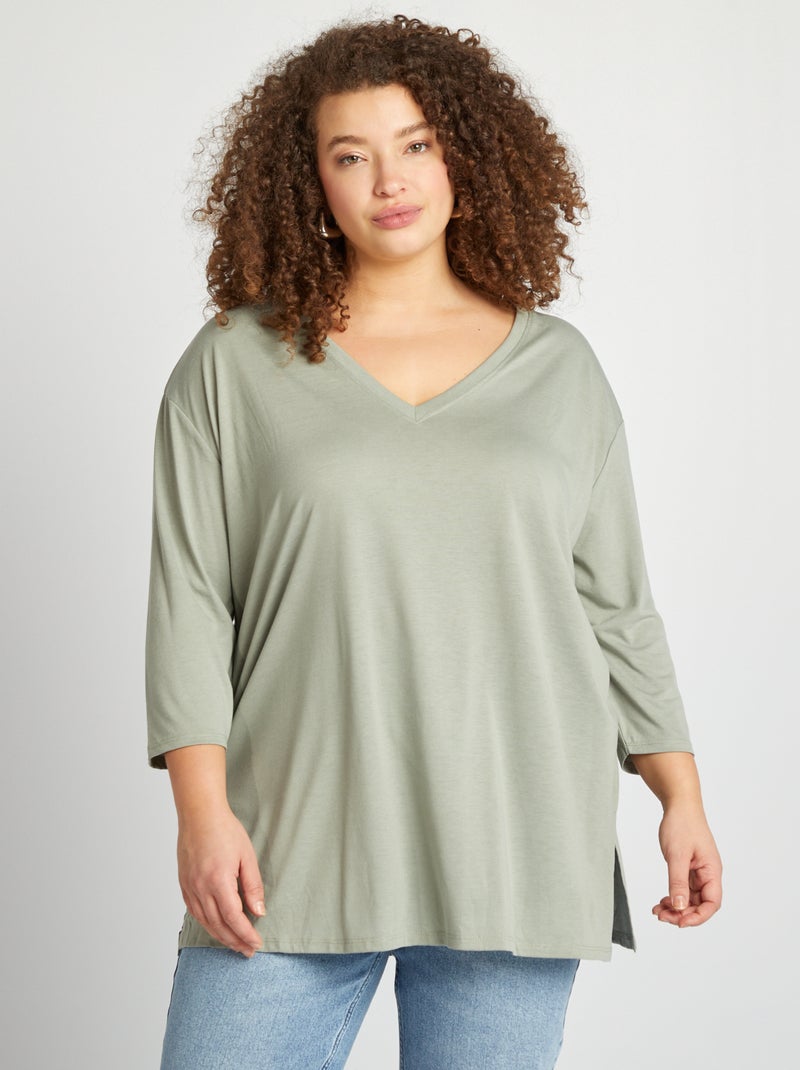 T-shirt long col V Vert - Kiabi