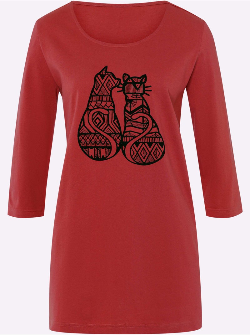 T-shirt Long Coupe En A - Taille Standard - Moda Vilona Noir Rouge - Kiabi
