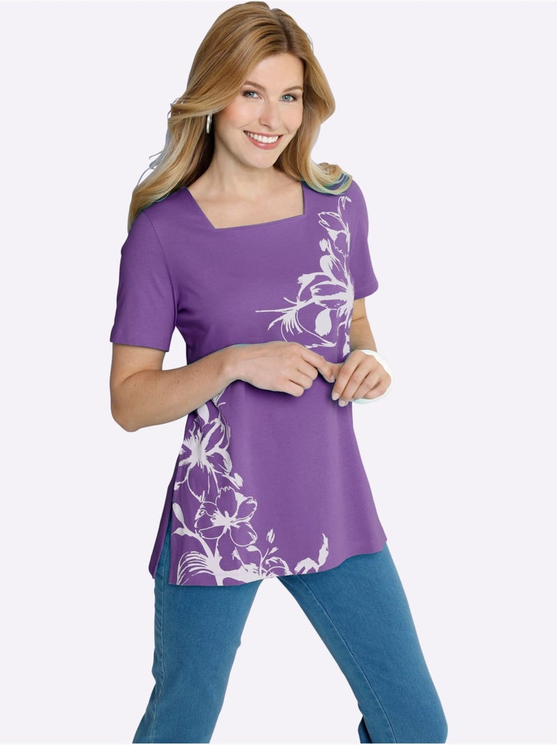 T-shirt Long Coupe Longue Affinante - Taille Standard - Moda Vilona Blanc Violet - Kiabi
